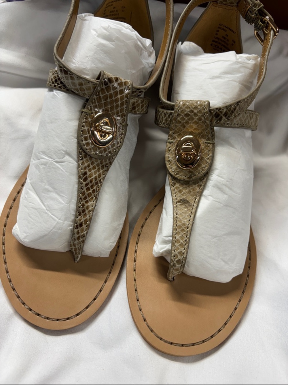 Coach Turnlock Leather Sandals Ingrid Nat embossed T strap Snake Print Gladiator - Picture 2 of 14